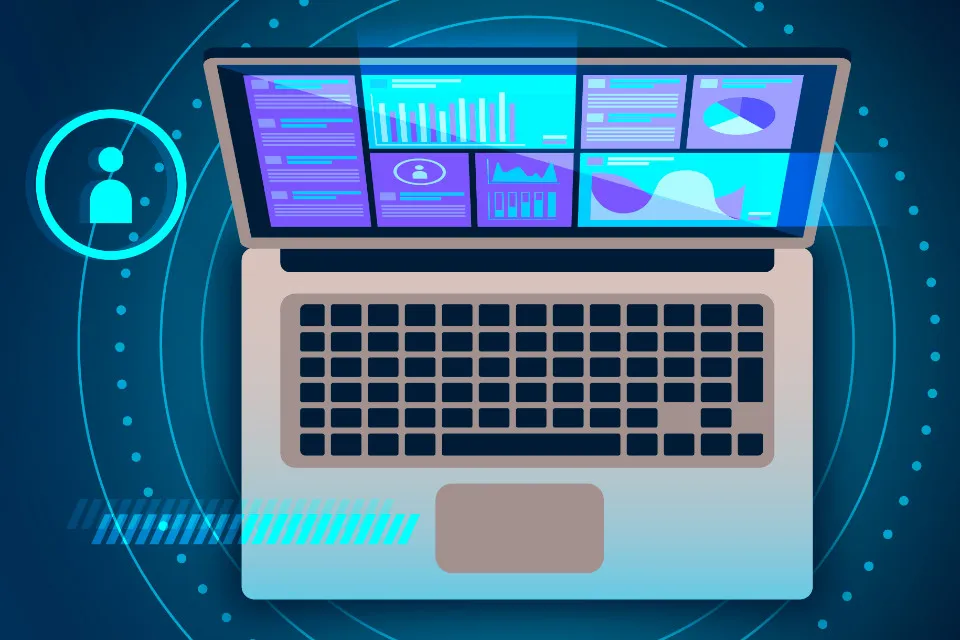 Ilustración laptop abierta con gráficos en la pantalla